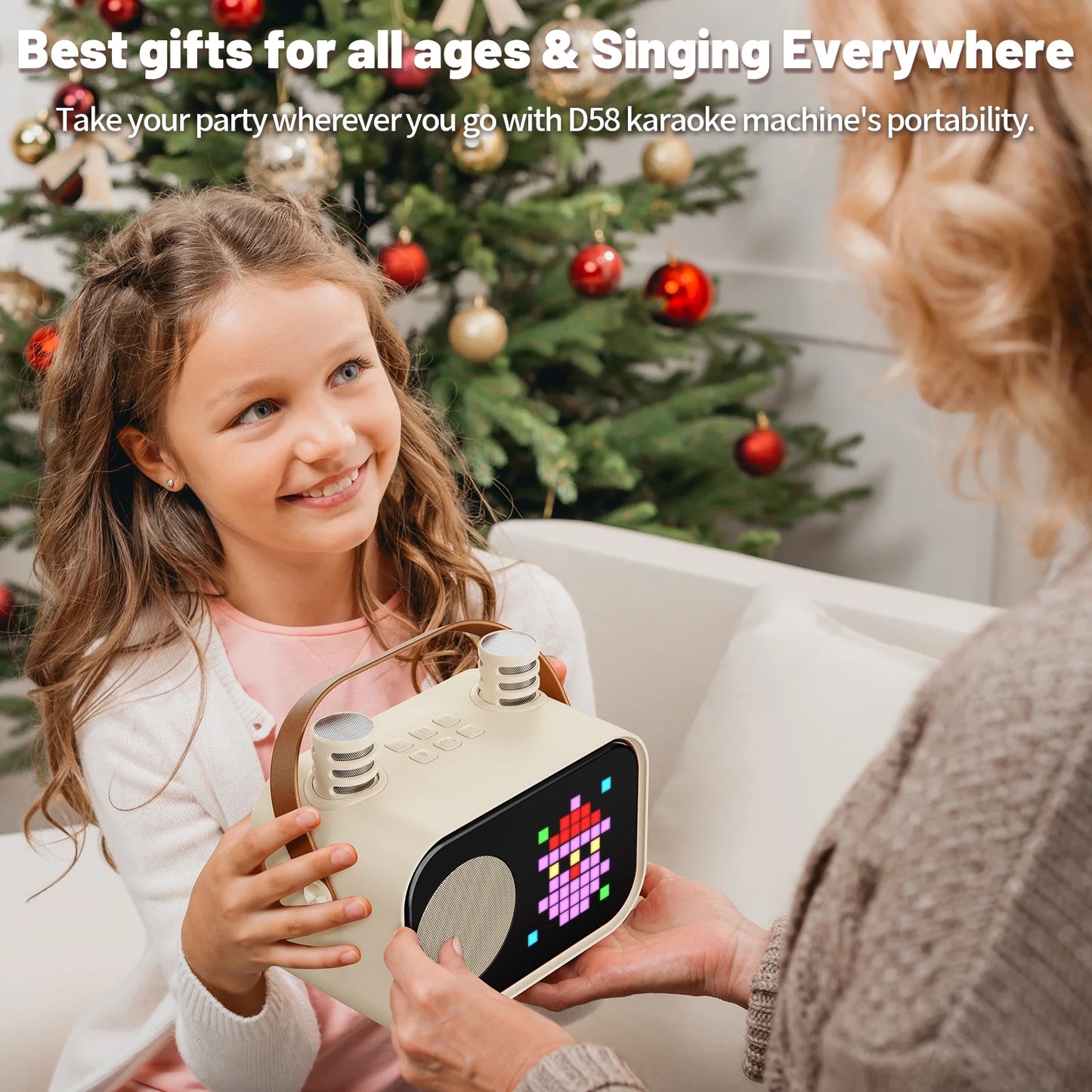 Karaoke Machine, Bluetooth Speaker with Microphone, Kids Karaoke Machine, 15 Animation Modes, Best Christmas Gift, Beige