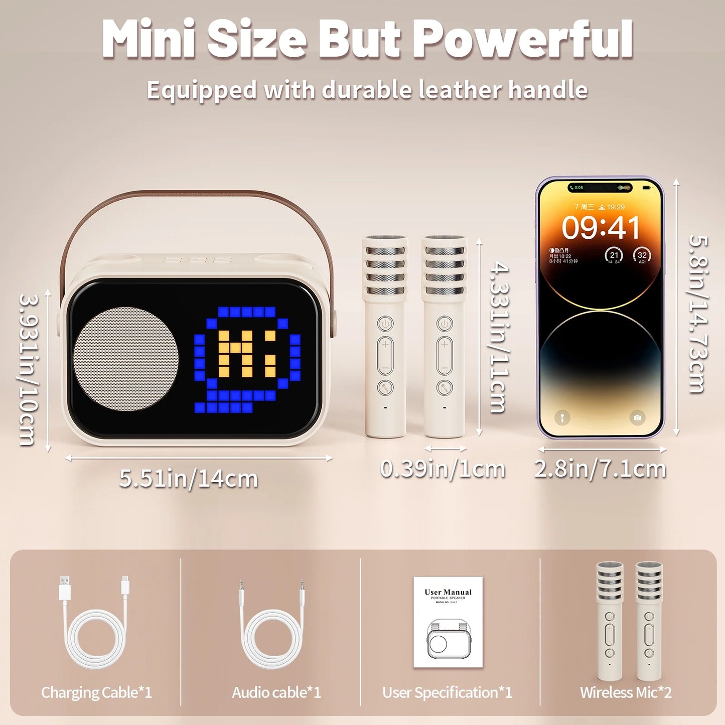 Karaoke Machine, Bluetooth Speaker with Microphone, Kids Karaoke Machine, 15 Animation Modes, Best Christmas Gift, Beige