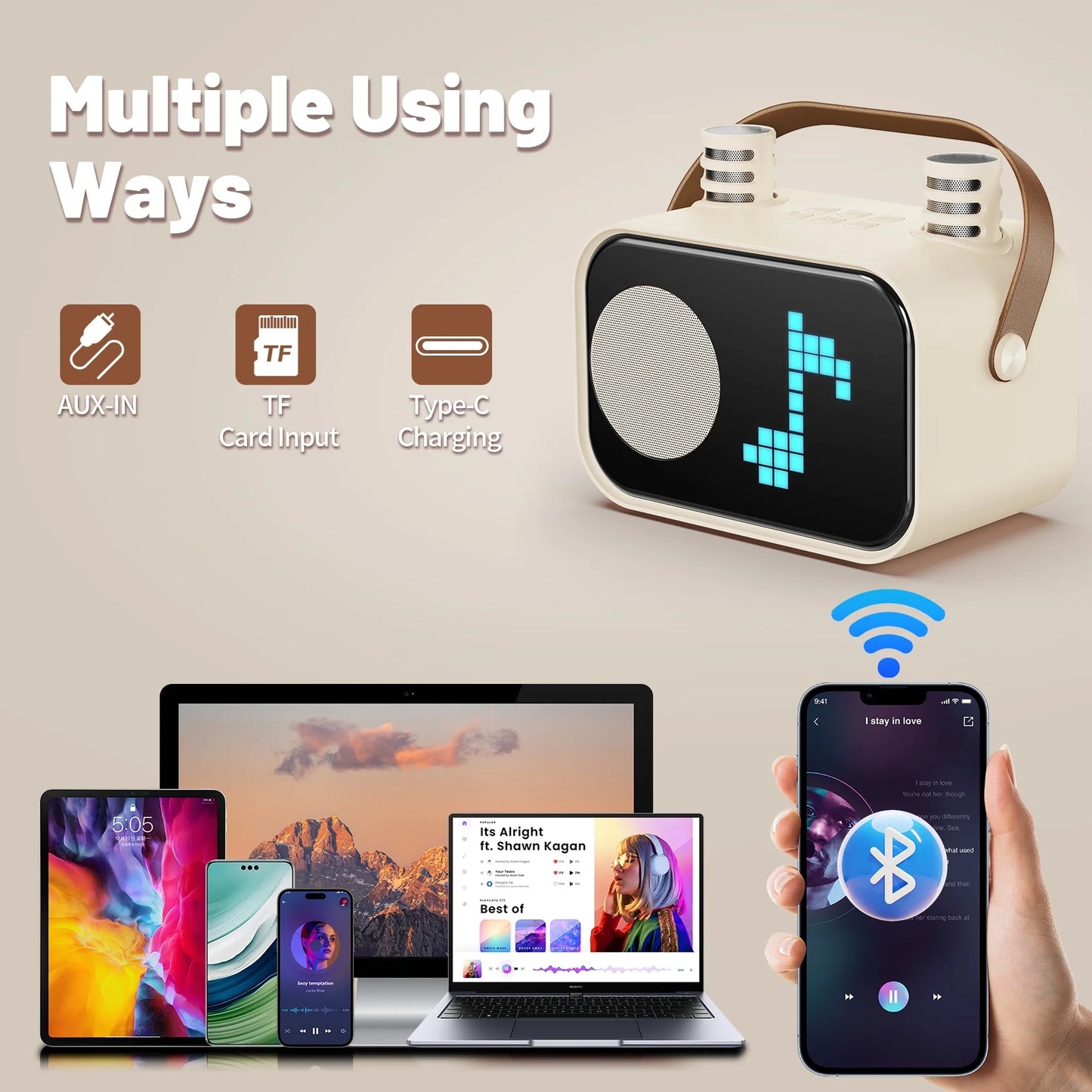 Karaoke Machine, Bluetooth Speaker with Microphone, Kids Karaoke Machine, 15 Animation Modes, Best Christmas Gift, Beige