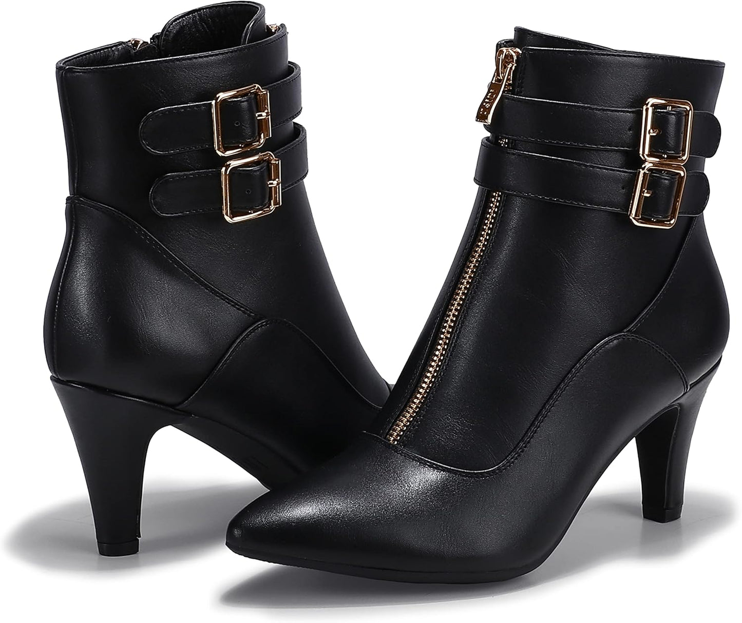 Women'S Pointed Toe Metal Buckle Two Strap Ankle Booties Side Zipper Kitten Heel Dress Classic Short Boots