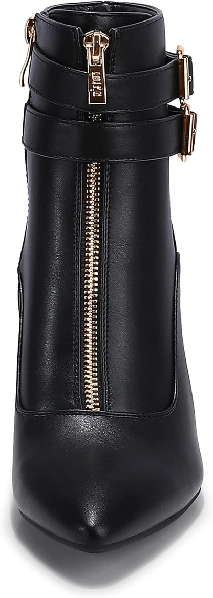 Women'S Pointed Toe Metal Buckle Two Strap Ankle Booties Side Zipper Kitten Heel Dress Classic Short Boots